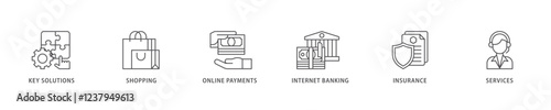 Financial service icon set flow process which consists of key solutions, shopping, online payments, internet banking, insurance and services icon live stroke and easy to edit .