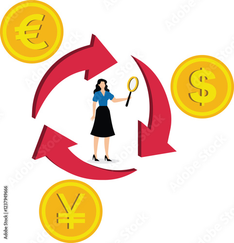 Currency exchange, wealth transfer, global forex trading, currency investors, financial research specialists, businesswomen with magnifying glasses standing between currencies that are converting to e
