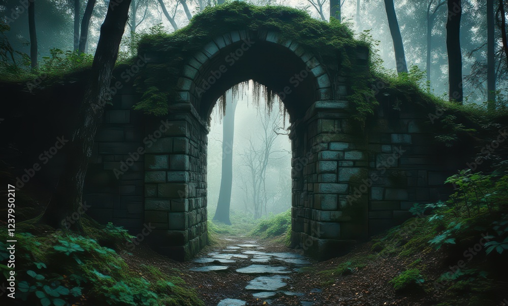Mysterious stone archway in foggy forest Mysterious stone archway in foggy forest