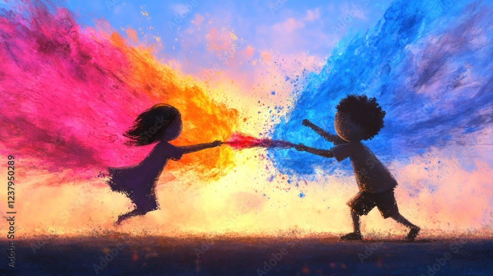 Fototapeta premium Holi Fun with Cartoon Characters: Colorful Powder Play in Watercolor Illustration
