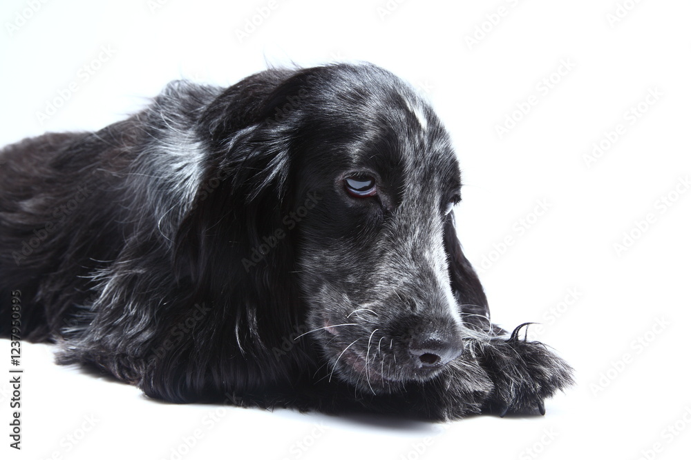 closeup of Cocker Spinel black and white dog on white background closeup of Cocker Spinel black and white dog on white background