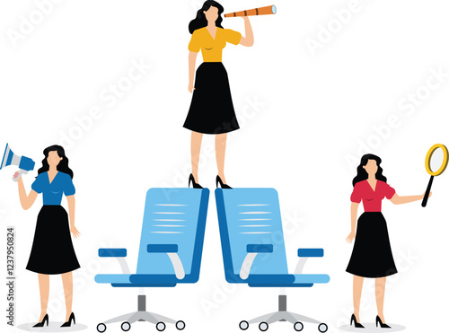 Human resources, searching for candidates or job ads, looking for career or business opportunities, businesswomen with binoculars, magnifying glasses, megaphones standing by their office chairs explor