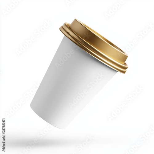 coffee cup mockup in sleek white with a gold rim on the lid and a blank sleeve for branding, floating mid-air, isolated on a bright white background photo