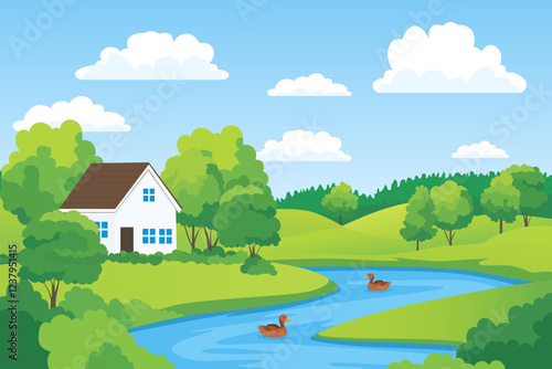 House on the river bank with ducks in the countryside with a lawn, trees, bushes against the backdrop of forest and hills. House by the river vector illustration.