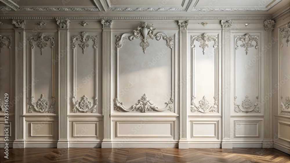 Fototapeta premium Elegant Cream-Colored Wall Paneling with Intricate Ornate Details and a Hardwood Floor