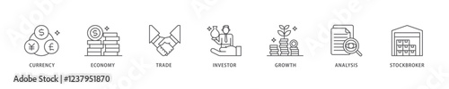 Forex icon set flow process which consists of currency, economy, trade, investor, growth, analysis and stockbroker icon live stroke and easy to edit .