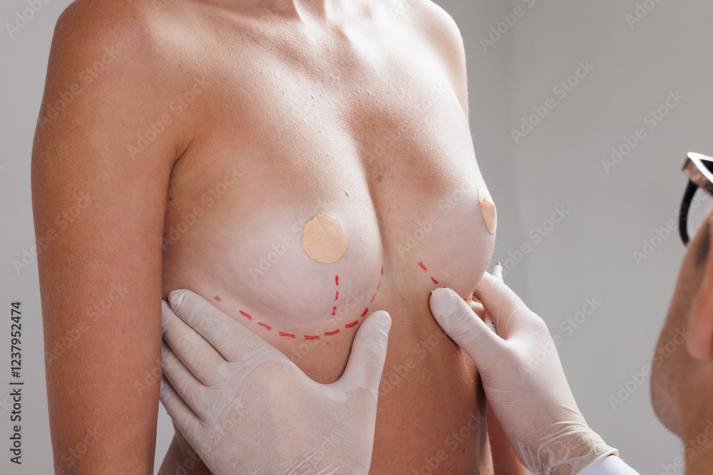Breast augmentation. Doctor with marker preparing woman for plastic surgery operation against light grey background, closeup Breast augmentation. Doctor with marker preparing woman for plastic surgery operation against light grey background, closeup