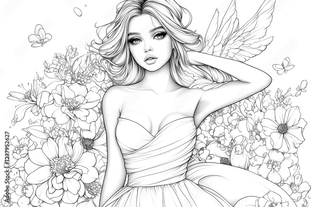 A woman is sitting in a field of flowers. She is wearing a dress and has her arms crossed A woman is sitting in a field of flowers. She is wearing a dress and has her arms crossed