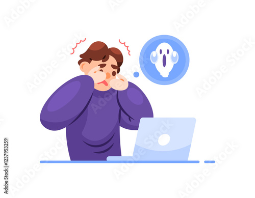 illustration of a man closing his eyes because of fear watching a ghost movie on his laptop. fear because of seeing a ghost. expression and gesture. flat style character design. elements