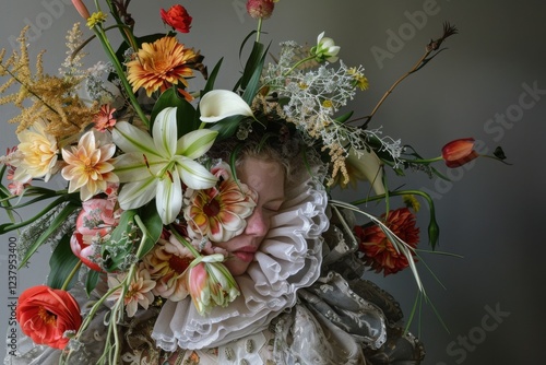 Enigmatic Noblewoman Concealed by Bouquet of Flowers