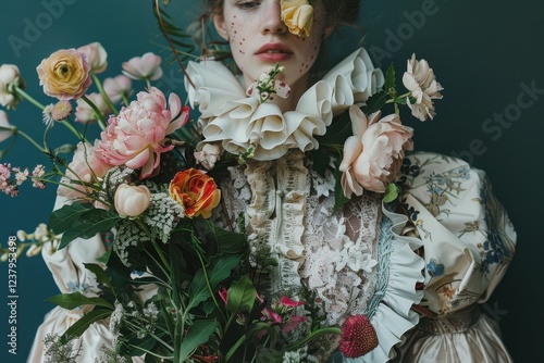 Enigmatic Noblewoman Concealed Behind Bouquet of Flowers