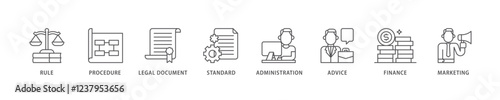 Guideline icon set flow process which consists of rule, procedure, legal document, standard, administration, advice, finance, marketing icon live stroke and easy to edit .
