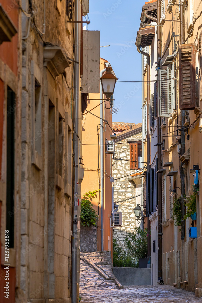 Rovinj, Croatia narrow street with colorful houses Rovinj, Croatia narrow street with colorful houses
