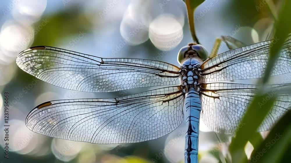 Detailed close-up of a blue dragonfly, transparent wings, natural background with bokeh, insect beauty