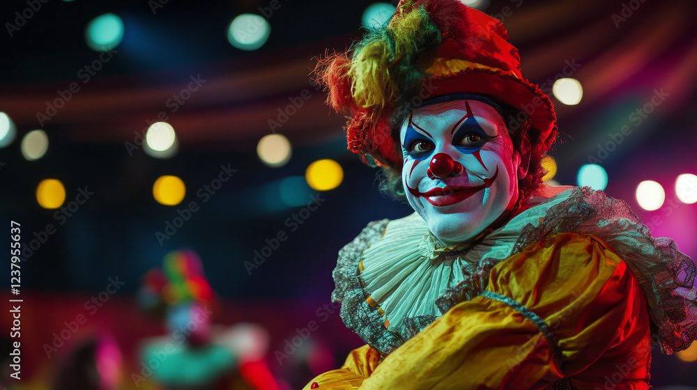 Shapito circus clowns, jesters and harlequin characters. Cartoon vector artists or performers on big top arena. Funsters in bright costumes perform on scene with spotlights. Carnival show banners set Shapito circus clowns, jesters and harlequin characters. Cartoon vector artists or performers on big top arena. Funsters in bright costumes perform on scene with spotlights. Carnival show banners set