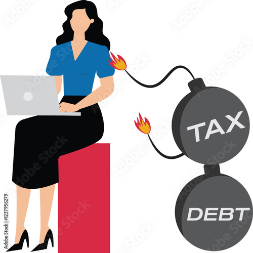 Working hard to earn money to pay off debts and taxes, debt and tax pressures, heavy work pressures, family financial pressures, two bombs on the back of the businesswoman trying to sit down to work