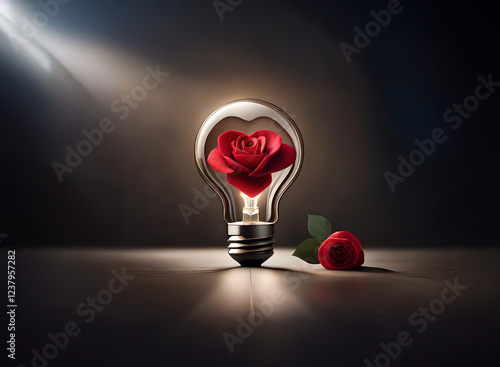 A single red rose blossoms inside a glowing lightbulb, its petals forming a heart shape.  A second rose rests beside it, casting a soft glow on the dark surface.  Illumination, love, and hope are subt photo