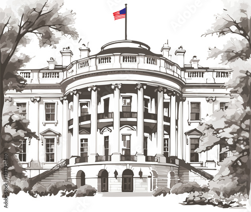 Vector illustration of a sketch of the white house, the presidential palace of the United States