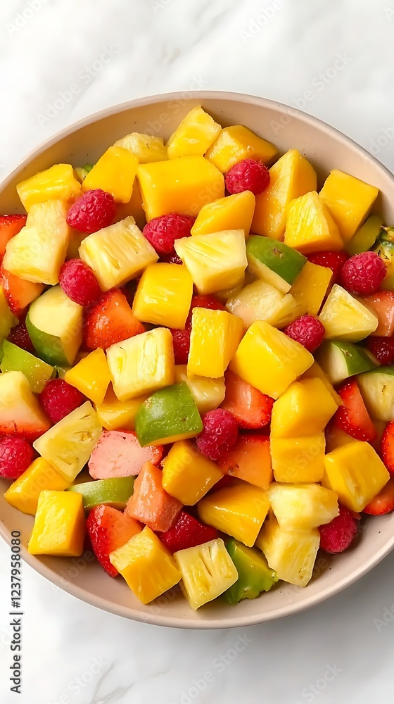 Vitality harmony diet, Colorful Fresh Fruit Salad with Pineapple, Mango, Raspberries, and Strawberries in Bowl Vitality harmony diet, Colorful Fresh Fruit Salad with Pineapple, Mango, Raspberries, and Strawberries in Bowl