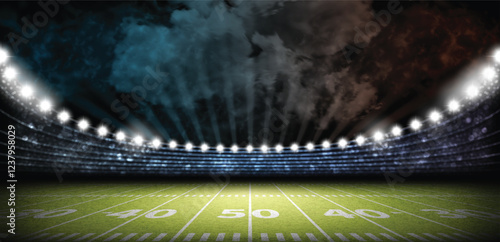 Illuminated American football field on a black background. Realistic illustration.