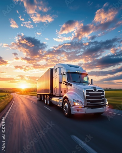 Semi truck driving on highway at sunset