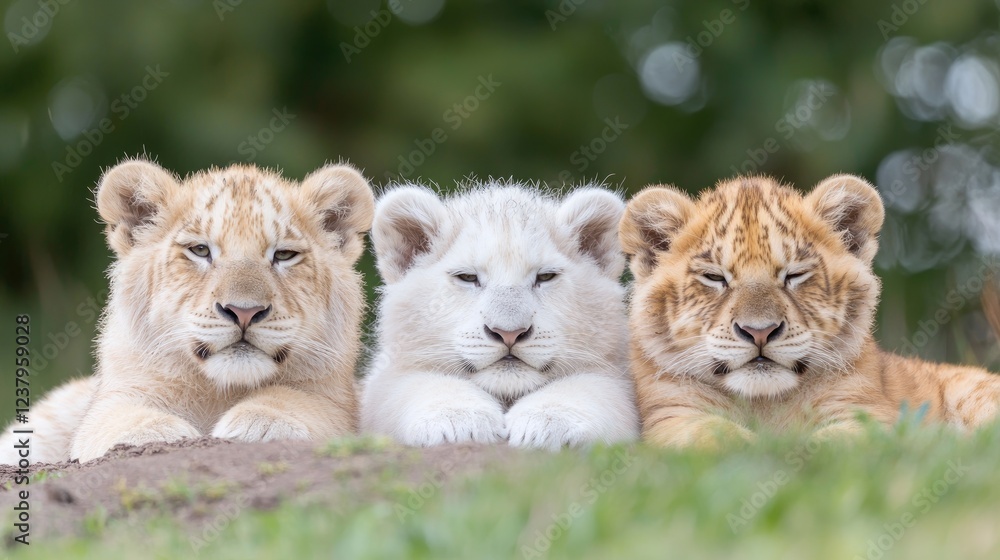 Three white lion cubs resting, green background, wildlife sanctuary Three white lion cubs resting, green background, wildlife sanctuary