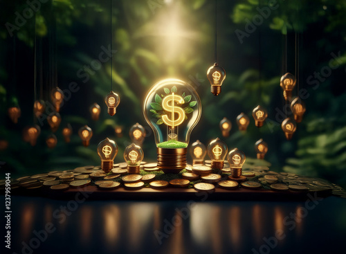 A glowing lightbulb, symbolizing financial growth and sustainability, sits atop a pile of coins within a lush, green forest.  Surrounding it are smaller, hanging lightbulbs, alluding to abundant oppor photo