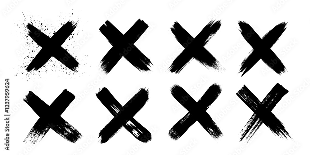 Hand drawn dirty grunge brush strokes cross x vector illustration icon set. Cross mark wrong symbol graphic design collection. Check mark symbol NO button for vote in check box, web, etc. Hand drawn dirty grunge brush strokes cross x vector illustration icon set. Cross mark wrong symbol graphic design collection. Check mark symbol NO button for vote in check box, web, etc.