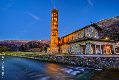 Illuminated church in Saint Moritz at Switzerland under blue sky photo