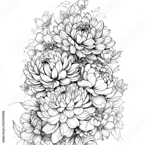 A drawing of a bouquet of flowers with a white background. The flowers are large and white, and the background is white as well. The drawing conveys a sense of calm and serenity