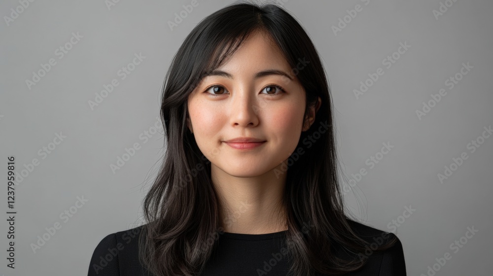 Portrait of a Young East Asian Woman with Long Dark Hair in a Minimalistic Studio Setting, Exuding Confidence and Poise Portrait of a Young East Asian Woman with Long Dark Hair in a Minimalistic Studio Setting, Exuding Confidence and Poise