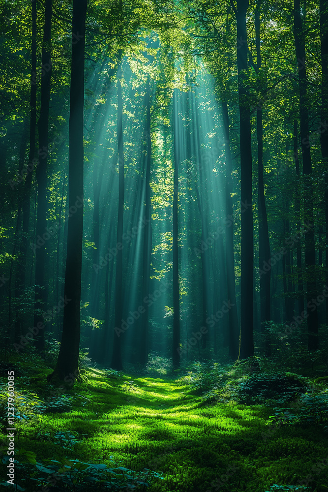 Obraz premium Sunlight filtering through a forest, illuminating green moss.