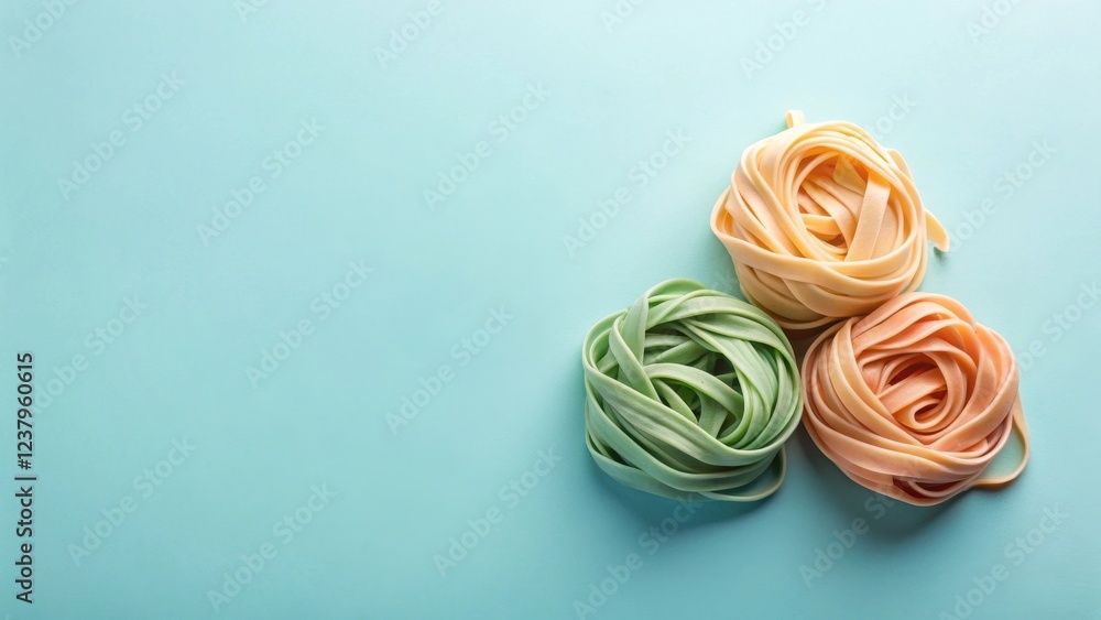 Fototapeta premium A vibrant trio of pastel-colored pasta nests arranged on a smooth, light-blue background offers a delightful culinary visual