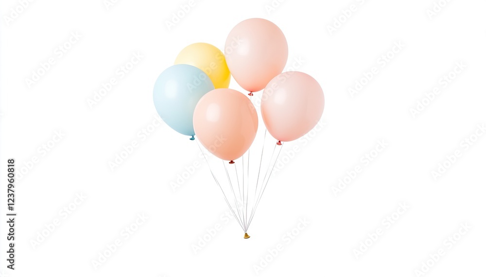 Colorful balloons floating gracefully against a clean white background, perfect for celebrations Colorful balloons floating gracefully against a clean white background, perfect for celebrations