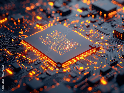 High-tech 2nm processor chip with glowing connections on an intricate circuit board in a modern environment showcasing advanced technology