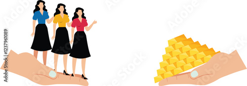 Buying labor, paying wages, corporate culture and values, realistic personal values, standing with a bunch of businesswomen in one big hand and a pile of gold coins in the other big hand