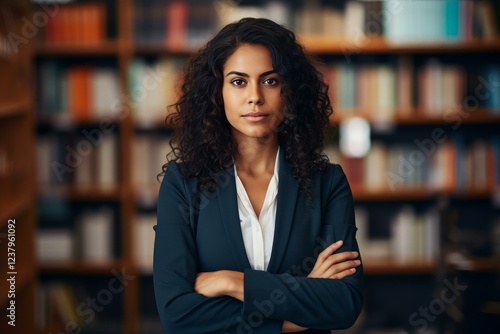 Portrait of a young businesswoman standing in a library with crossed arms, conveying confidence and professionalism photo