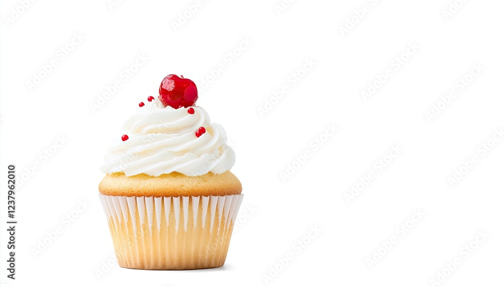 Delicious vanilla cupcake with whipped cream and cherry on top against a clean white background Delicious vanilla cupcake with whipped cream and cherry on top against a clean white background