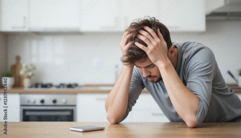Man Feeling Stressed at Home,Leaning on Kitchen Counter, Hands on Head, Showing Signs of Sadness or Worry. Man Feeling Stressed at Home,Leaning on Kitchen Counter, Hands on Head, Showing Signs of Sadness or Worry.