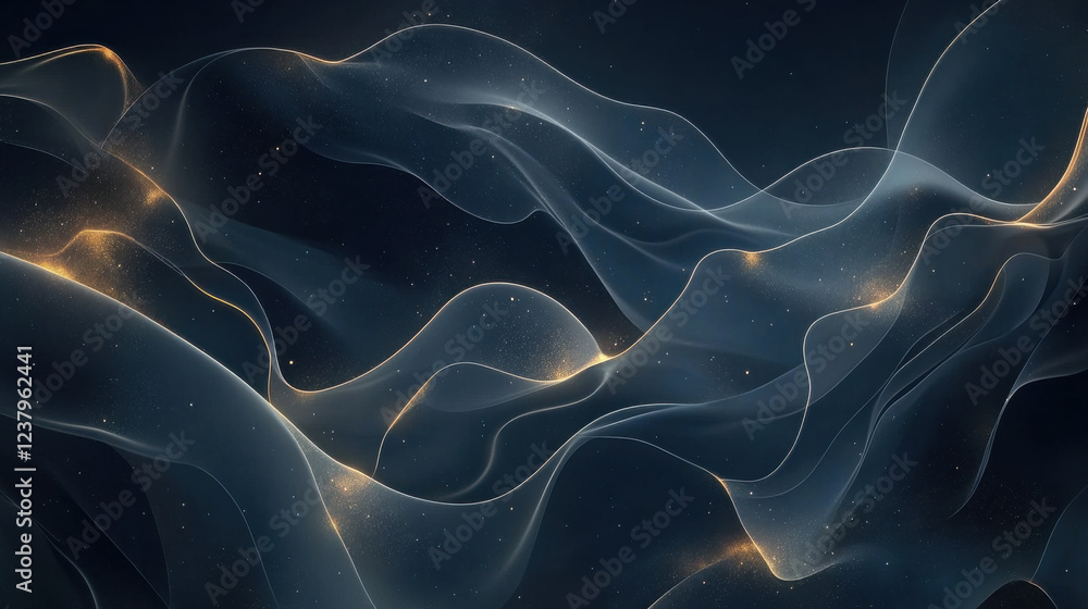 Fototapeta premium A mesmerizing digital background, dark blue gradient with delicate golden lines, fluid wave-like patterns