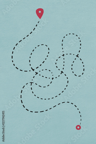 A complex dotted line on a light blue map symbolizes a challenging and lengthy journey between two points