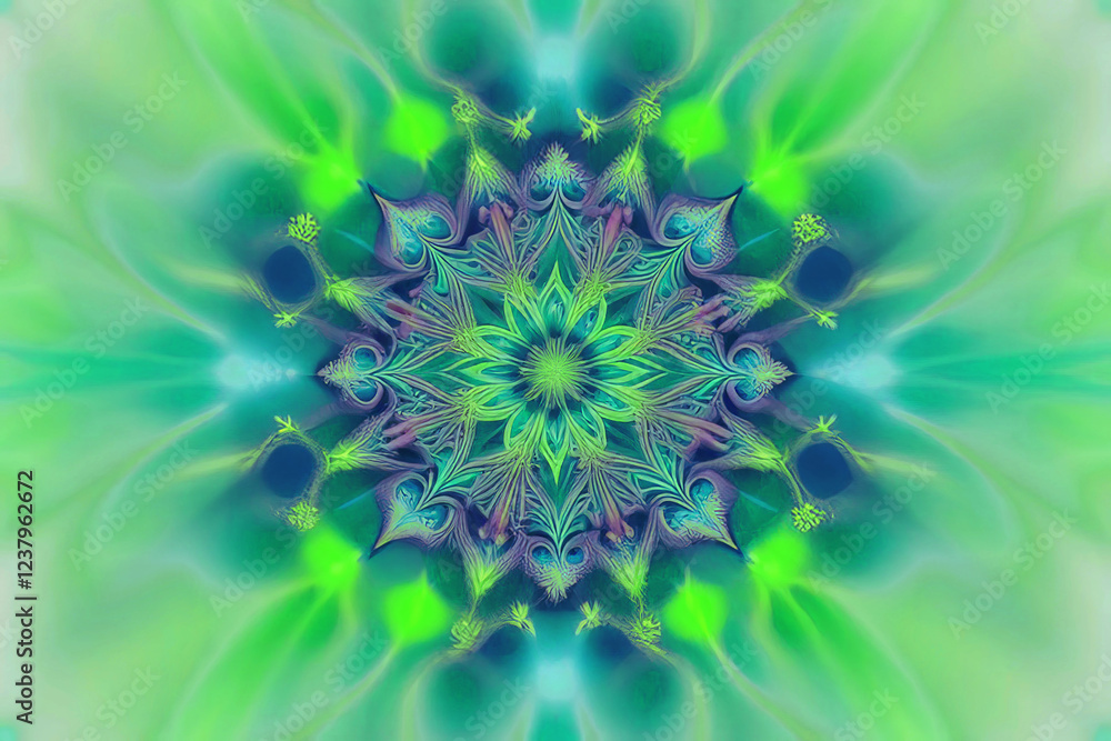 A vibrant green and blue mandala pattern with soft, glowing edges, radiating harmony and balance A vibrant green and blue mandala pattern with soft, glowing edges, radiating harmony and balance