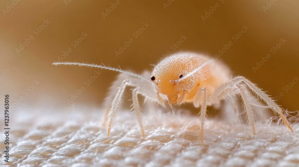 Close-up of tiny white springtail on fabric with macro detail Close-up of tiny white springtail on fabric with macro detail