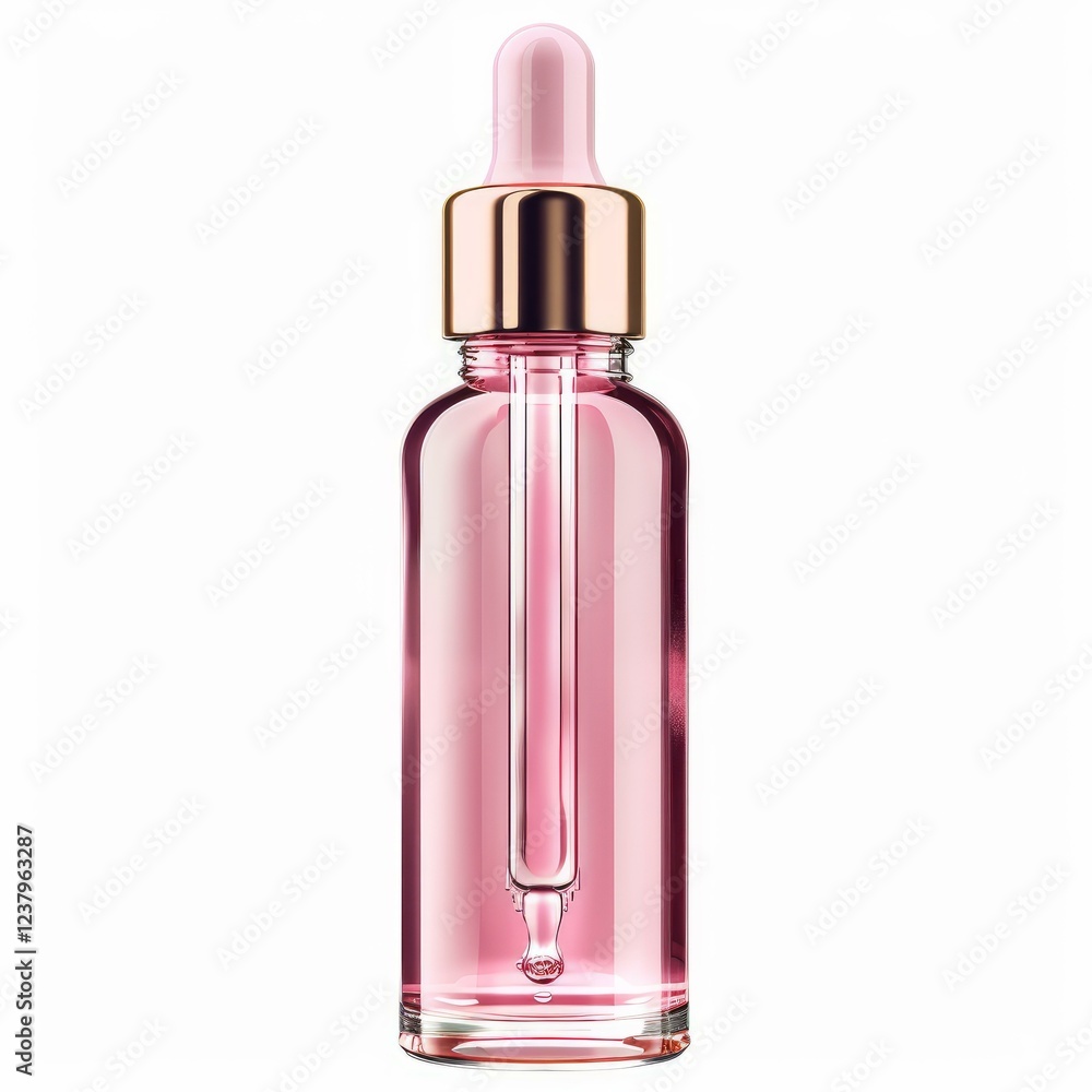 Pink glass dropper bottle with gold elements containing serum, essential oil or other cosmetic product, isolated on white background