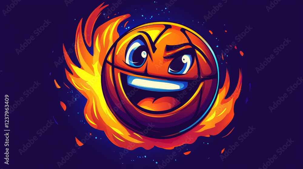 Basketball ball with a happy smiling face and flaming Sports text with trailing flames for sports logo design Basketball ball with a happy smiling face and flaming Sports text with trailing flames for sports logo design