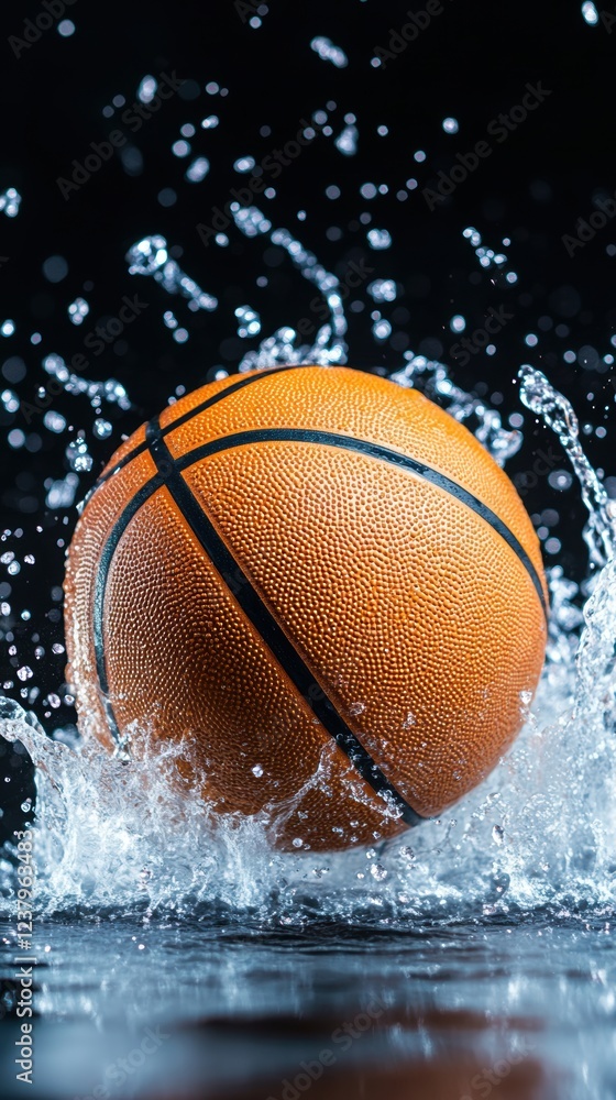Dynamic basketball splash capturing motion and energy in vibrant water droplets Dynamic basketball splash capturing motion and energy in vibrant water droplets