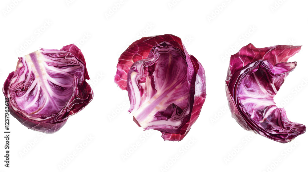 Obraz premium Three rotating red cabbage halves isolated on transparent background