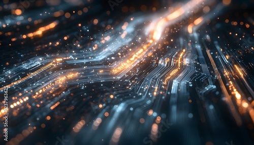 Abstract Circuit Board with Glowing Lines and Particles