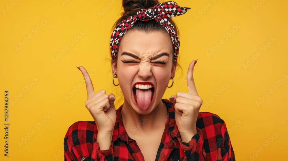 Obraz premium woman sticking out tongue playful expression red plaid shirt
