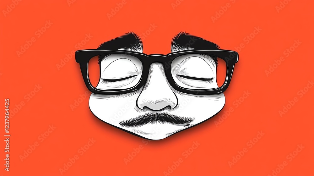 An artistic illustration of a stylized face with glasses and a mustache against a vibrant orange background. An artistic illustration of a stylized face with glasses and a mustache against a vibrant orange background.